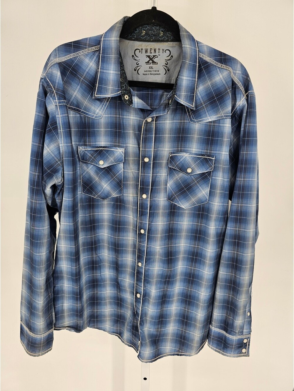 Twenty X Mens Sz XXL Long Sleeve Pearl Snap Western Shirt Blue Plaid Cowboy